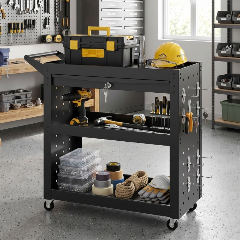 잠금식 바퀴가 달린 공구 카트, 3단 트레이가 있는 이 - Workshop Tools List 리뷰 및 가격