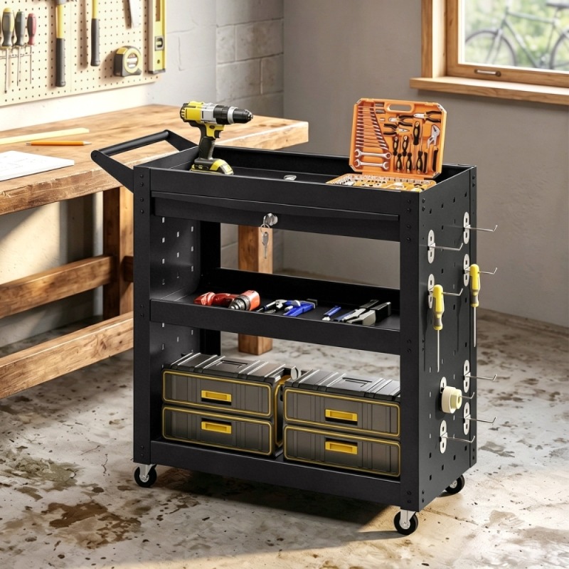 잠금식 바퀴가 달린 공구 카트, 3단 트레이가 있는 이 - Workshop Tools List 리뷰 및 가격